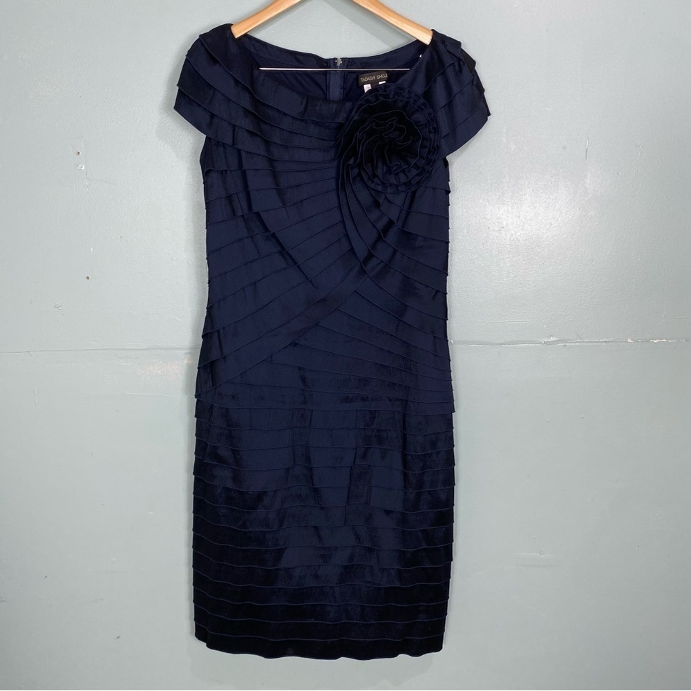 Tadashi Shoji Tiered Pleated Rosette Dress Blue Shift Navy Blue Sz 14 CY70358MN